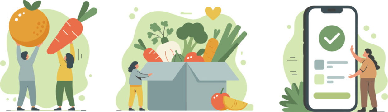 Modern flat vector illustration set of people harvesting organic vegetables and ordering fresh produce online with mobile app for delivery