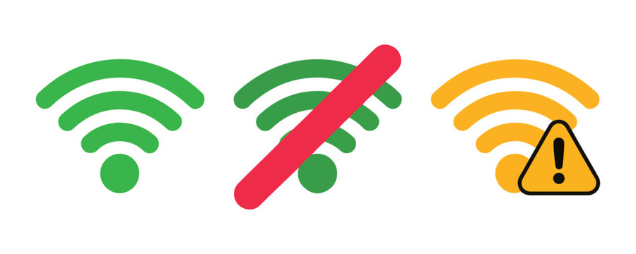 Set of three wifi signal icons showing connection status good interrupted and warning yellow icon on transparent background.