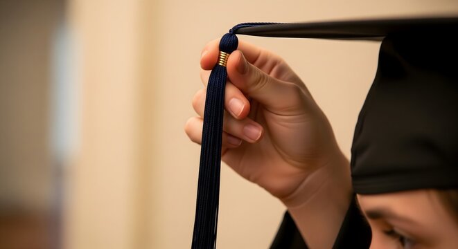 A close-up view of a graduate's hand adjusting the tassel on a black mortarboard, symbolizing academic achievement and the culmination of a successful educational journey.