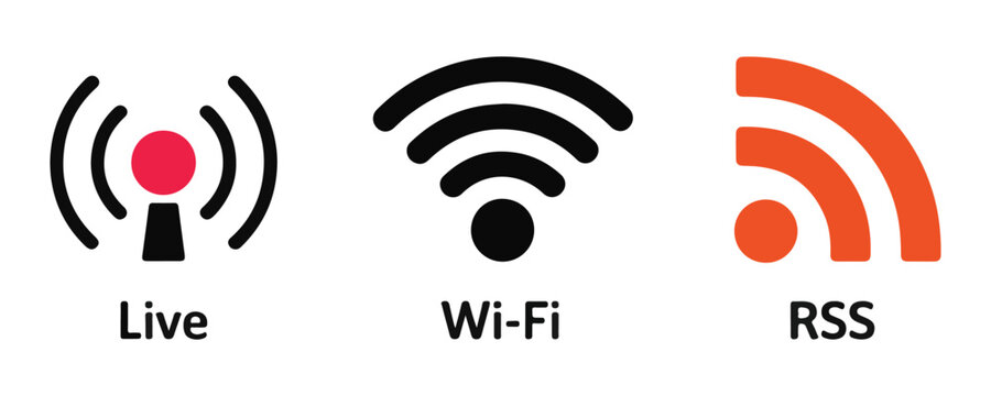 Wireless communication and broadcasting icons for live streaming wifi connectivity and rss feed content updates.