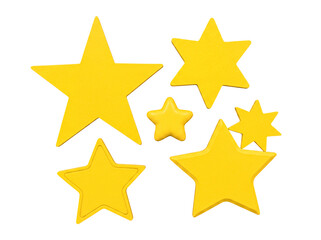 Fototapeta premium A collection of six shiny yellow star shapes, in various sizes and point configurations, rendered in 3D on transparent.