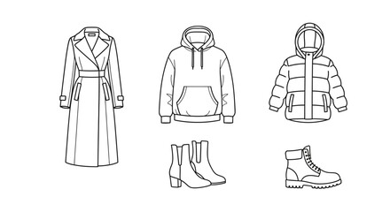 Minimalist line art set of winter clothing icons including trench coat, hoodie, puffer jacket, and boots © KOKO