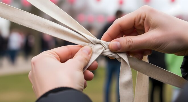 Close-up of human hands meticulously braiding natural fabric strips, demonstrating a traditional craft or preparation for a festive event outdoors.