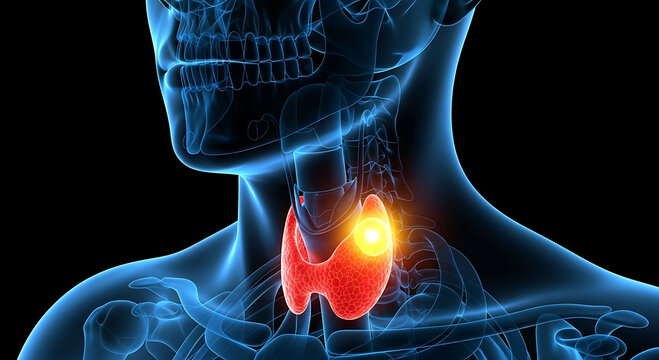 Human thyroid gland anatomy with tumor or nodule in neck 3D illustration