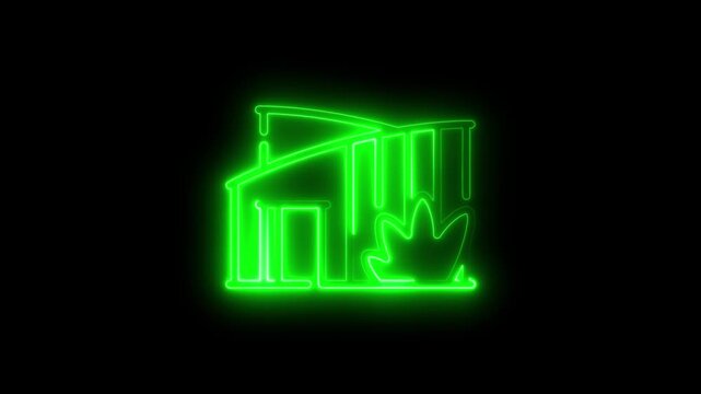 Glowing Green Neon House with Downward Trend Arrow on Black Background Indicating Decline or Decrease in Real Estate or Property