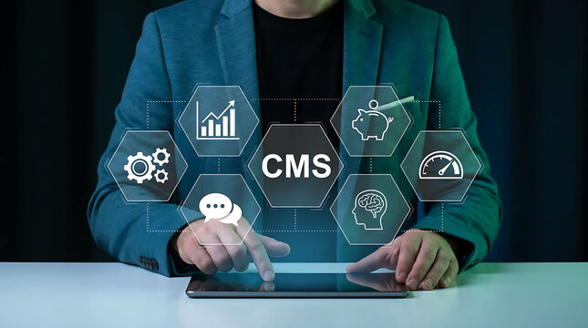 CMS content management system concept businessman using digital tablet