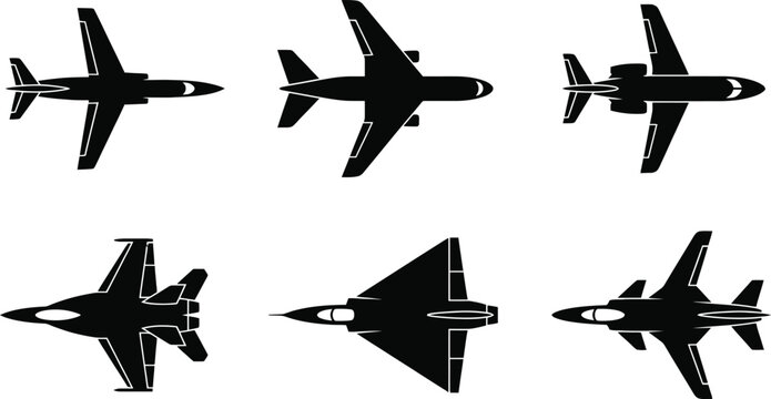 Military Fighter Jet and Private Aircraft Silhouette Vector Set Featuring Top View Aerodynamic Plane Designs for Defense, Aviation Technology, and Aerospace Engineering Projects