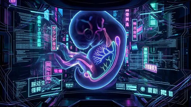 Futuristic Fetus Displayed on Digital Screens with Neon Lights.