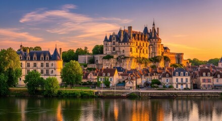 Obraz premium Scenic View of a Historic French Castle at Sunset.