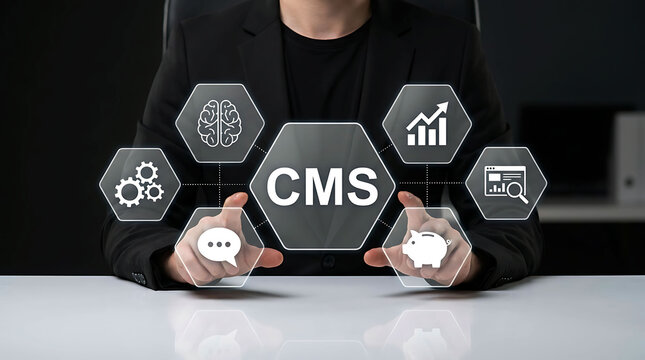 Content Management System CMS concept with businessman and digital icons