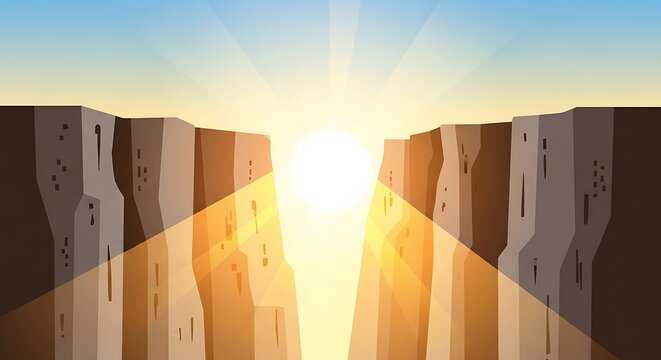 Sunrise between tall buildings in cityscape.