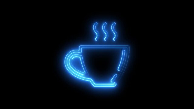 Neon Blue Coffee Cup Glowing Outline with Steam Rising on Black Background