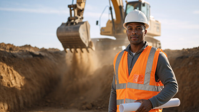 Construction engineer standing at a work site. Professional man in safety gear with blueprints