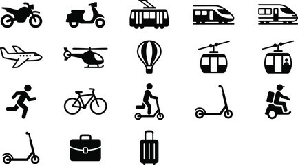 Transportation and Travel Icon Set Featuring Public Transit Vehicles Personal Mobility Airport Travel and Commuting Symbols © MdSaddam