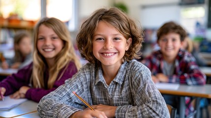 Obraz premium Smiling elementary school student sitting at a desk in classroom. Diverse classmates blurred in the background. Concept of back to school, education, childhood, happiness, and academic