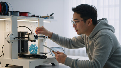 Obraz premium Asian man operating 3d printer in workshop. Engineer working on prototype with tablet. Technology innovation concept