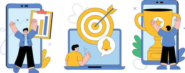 Modern flat vector illustration set representing business goals achievement and success including goal tracking target hitting and receiving a trophy © Md