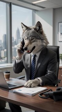 Animals are working in the office. A wolf in a business suit is tackling work tasks in the office