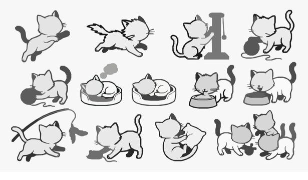 Funny cat action sticker vector set with cute kitten doodle line art black and white isolated on white