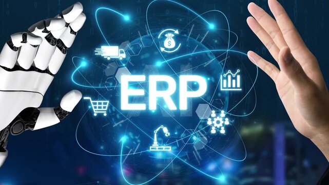 ERP platform visual showing centralized system for enterprise resource planning, improving integration, data flow, business efficiency, finance, inventory, and human resources. Muxer