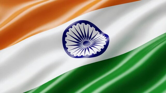 Close up detail of the Indian national flag showing fine fabric texture and stitching
