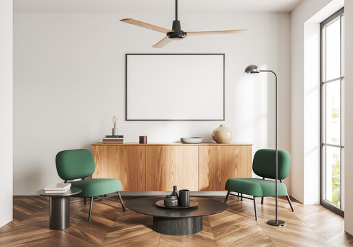 Modern living room with empty wall mockup above wood cabinet in minimal style on bright interior background, concept of home design, 3D Rendering