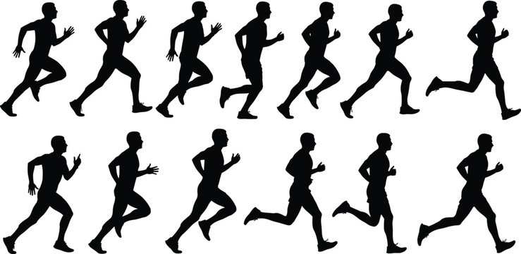 Silhouette collection of male runner motion sequence showing stride cycle running phases vector illustration icons for sports science design