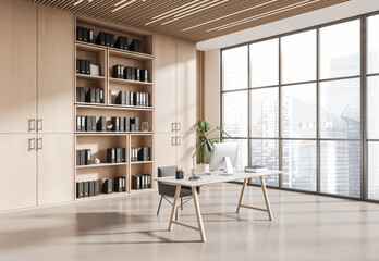 Fototapeta premium Bright modern office interior with wooden shelving and minimalist furniture in clean architectural style on soft daylight background, concept of workspace, 3D Rendering