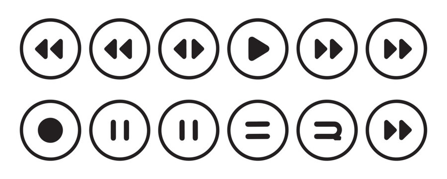 Collection of flat design audio and video playback controls record button and equalizer settings.