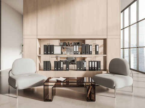 Modern office interior showing lounge chairs, glass table, wooden shelving on light background, concept of workspace organization, 3D Rendering