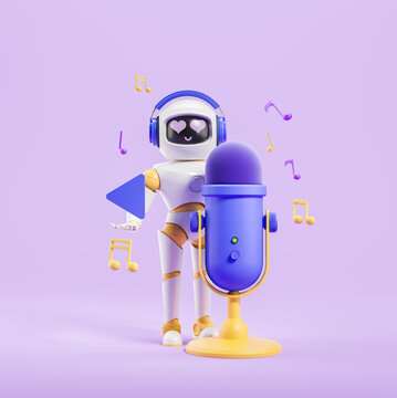 Bot with headphones near microphone and music notes in 3D style on pastel background as music recording concept 3D Rendering
