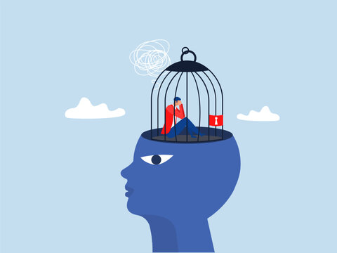 Man suffers from obsessive thoughts; Businessman trapped inside birdcage on human head brain.Struggle prison mind, fixed mindset illustration Flat vector illustration