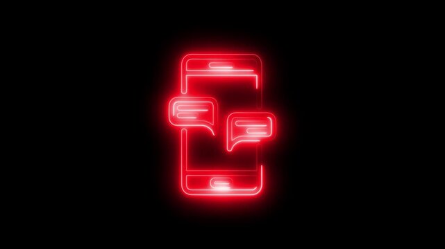Glowing red neon smartphone with chat bubbles on black background communication technology symbol