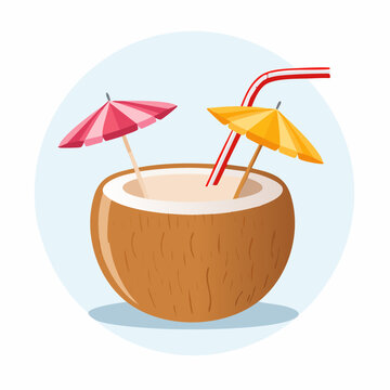 Tropical Coconut Drink with Umbrellas and Straws
