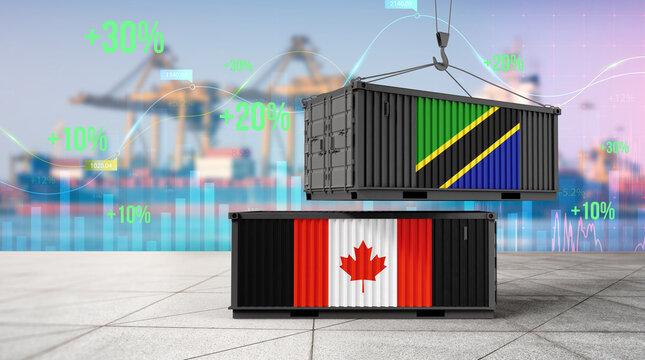Global Trade: Symbolic representation of international trade, showcasing cargo containers adorned with national flags, symbolizing global commerce, economic exchange and cooperation. 
