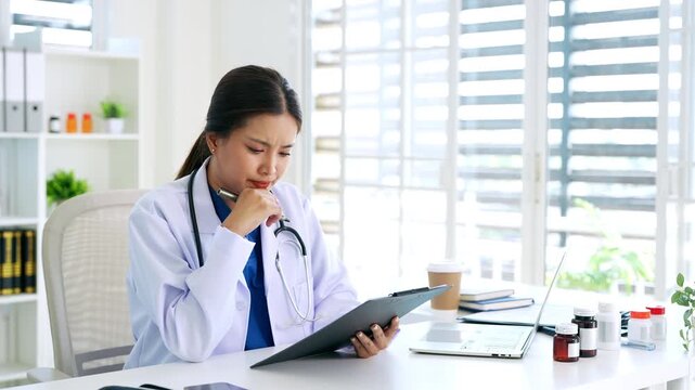 Stressed Female doctor nurse sit by laptop computer while reviewing patient medical charts at the clinic office.