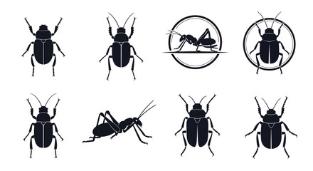 Set of black insect silhouettes including beetles and grasshoppers on white background. © Four