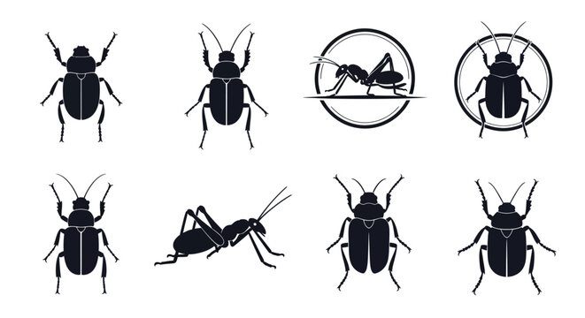 Set of black insect silhouettes including beetles and grasshoppers on white background.