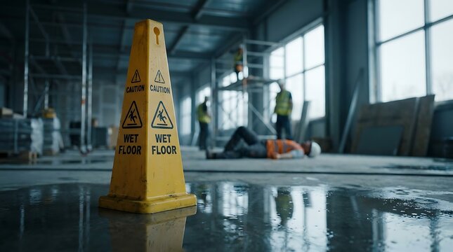 Construction site worker falls after slipping on a wet floor near a caution sign, highlighting workplace safety hazards and accidents.
