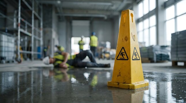Construction worker slips and falls on wet floor at building site, yellow caution sign warns of danger