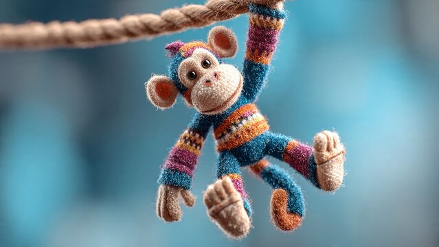 Playful 3D felt monkey hanging from a rope, handcrafted toy style, detailed stitching on paws, vibrant colors, clean 3D render, soft focus