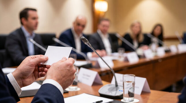 Blank paper card in hands, person sitting at table, holding note during speech, conference room setting, communication concept