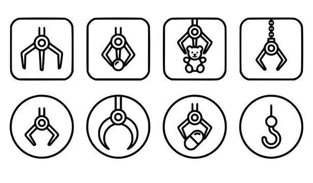 Crane claw machine UI icon set vector grabber and gripper symbols for arcade app design