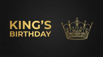 King's Birthday elegant gold typography, royal crown icon on black background, luxury celebratory banner for monarch anniversary