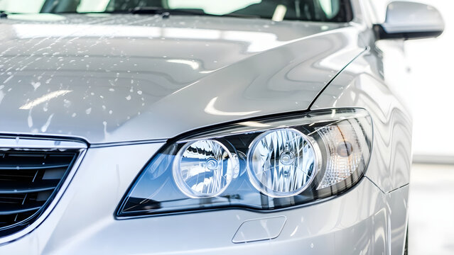 A close-up view of a shiny silver car's headlight and grill in a bright environment