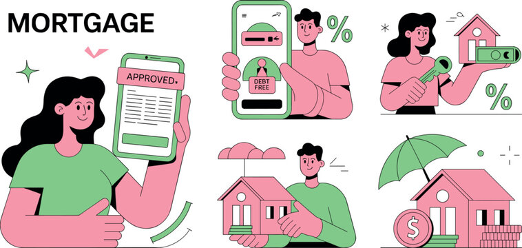 Modern flat vector illustration set of mortgage loan approval house buying process debt free life and real estate insurance concepts