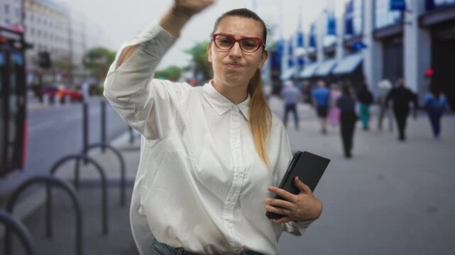 Woman shields face with hand while clutching tablet on busy urban shopping street with pedestrians; annoyance.