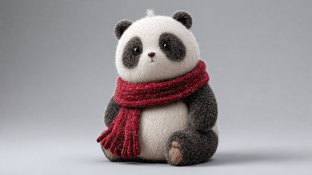 3D plush panda character made of wool felt, wearing a tiny red scarf, sitting pose, soft focus, cinematic lighting, ultra-detailed fabric texture, isolated on soft grey background