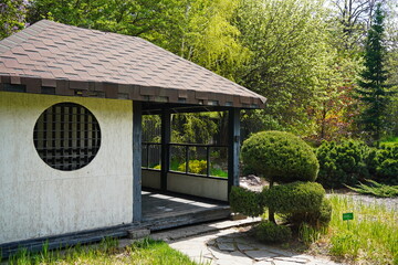 Obraz premium Japanese garden with traditional decoration. Gazebo and bridge.