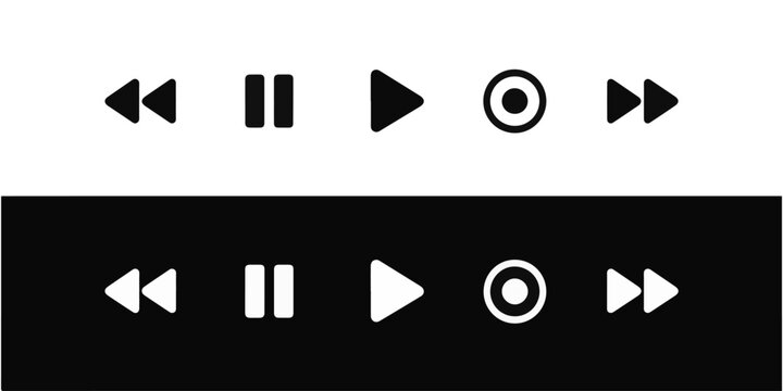 Universal media player icon collection featuring playback stop pause record and skip arrow buttons.